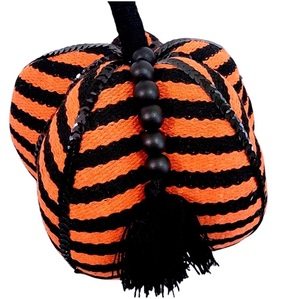 Orange Black Striped Fabric Pumpkin Halloween Decor Sequin Beaded Tassel Accent - Picture 6 of 7